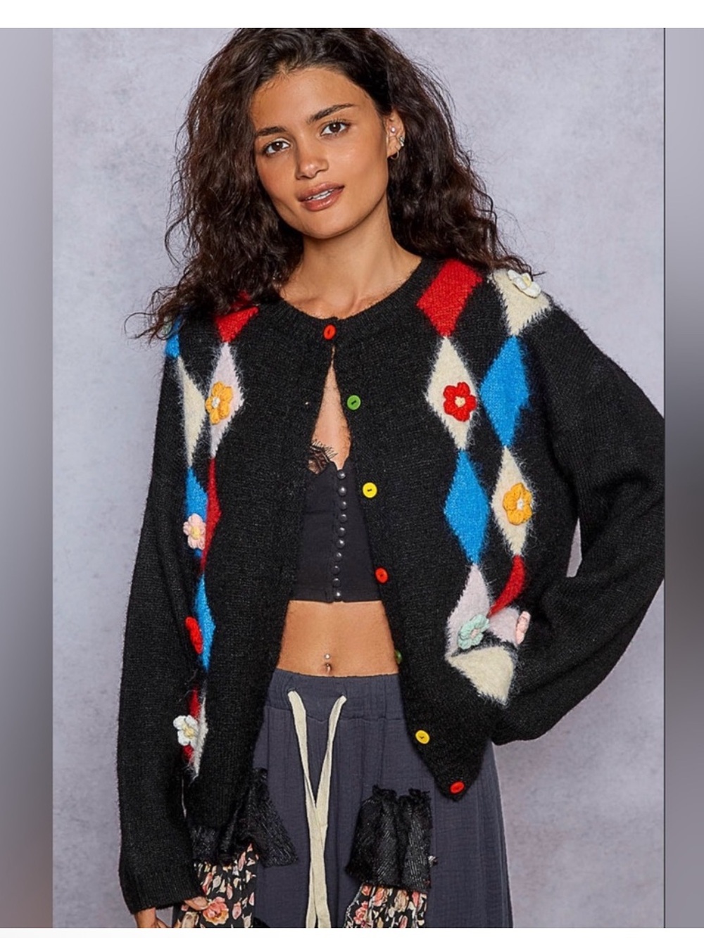 POL Black Argyle Floral Cardigan with Multicolor Buttons